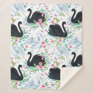 Manta Sherpa Lago de cisne blanco y negro acuarela transparente