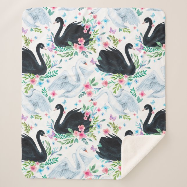 Manta Sherpa Lago de cisne blanco y negro acuarela transparente (Anverso)