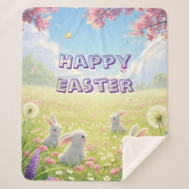 Manta Sherpa Lavender Easter Cute White Bunny Floral Spring 