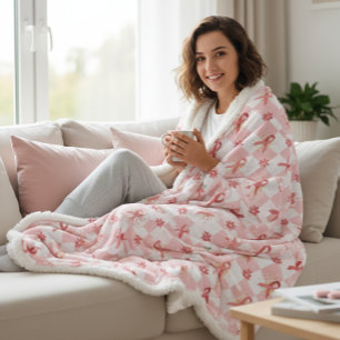 Manta Sherpa Lazo Rosa y Cuadro Floral 