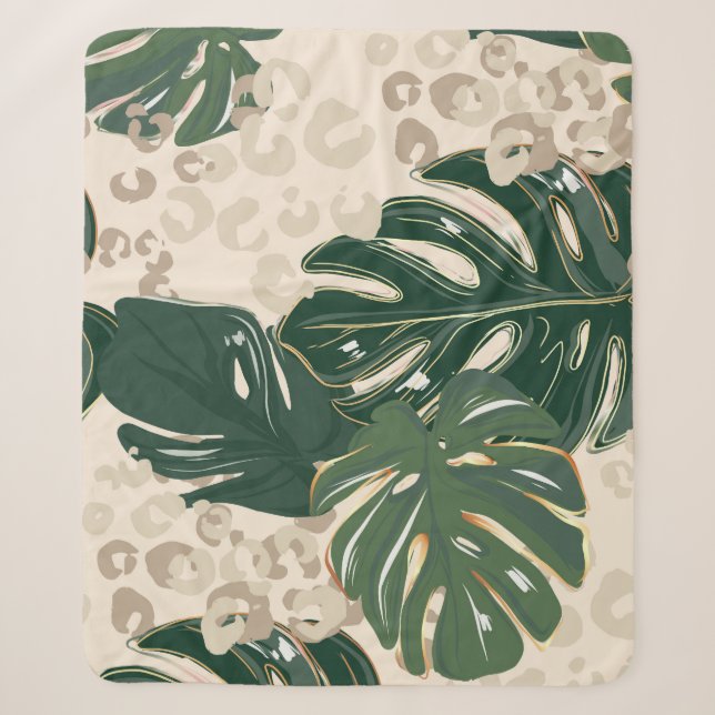 Manta Sherpa Leopard Monstera: Vintage de la jungla. (Anverso)