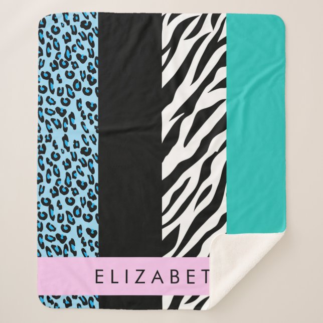 Manta Sherpa Leopard Print, Zebra Print, Blue, Your Name (Anverso)