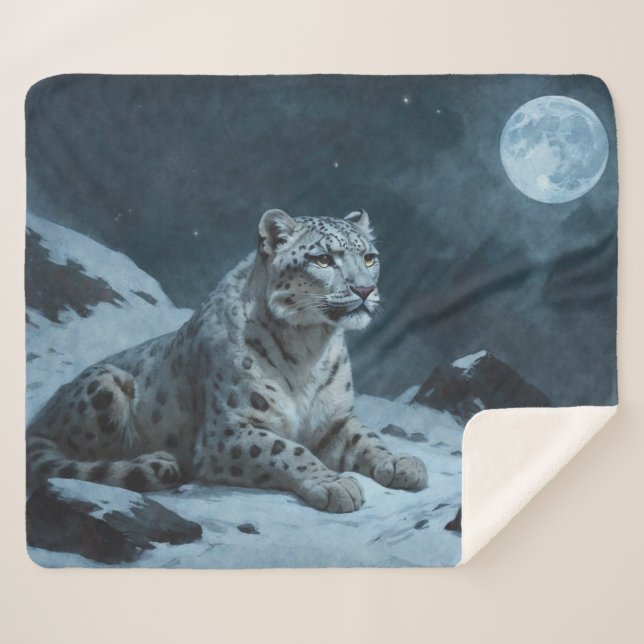 Manta Sherpa Leopardo de la nieve y luna llena (Anverso (horizontal))