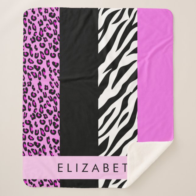 Manta Sherpa Leopardo Print, Zebra Print, Pink, Your Name (Anverso)