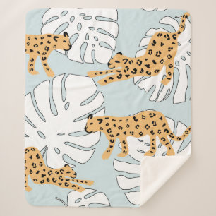 Manta Sherpa Léopardo tropical animal y hojas de palma de monst