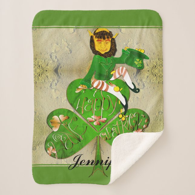 Manta Sherpa Leprechaun Shamrock "Feliz San Patricio" (Anverso)