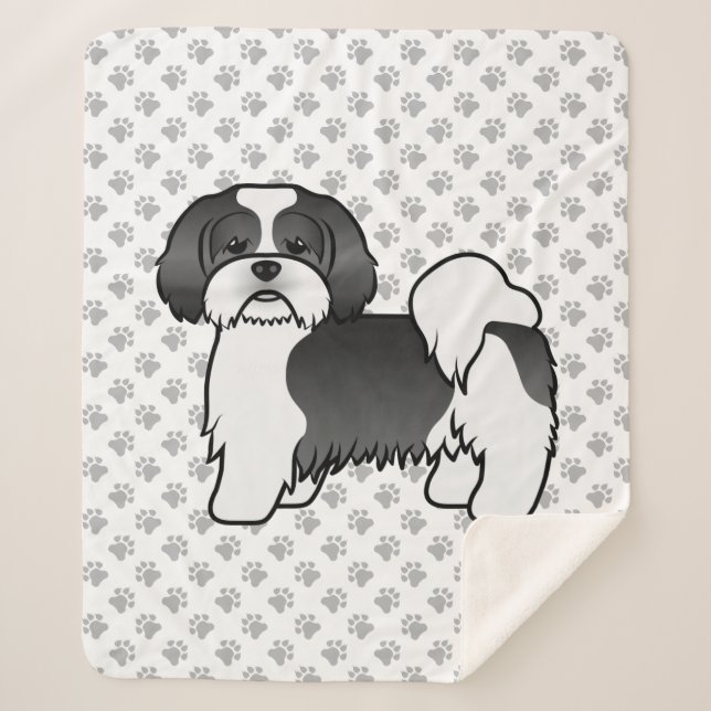 Manta Sherpa Lhasa Apso blanco y negro perro de dibujos animado (Anverso)