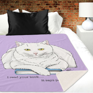 Manta Sherpa Libro divertido de gato blanco leyendo humor púrpu
