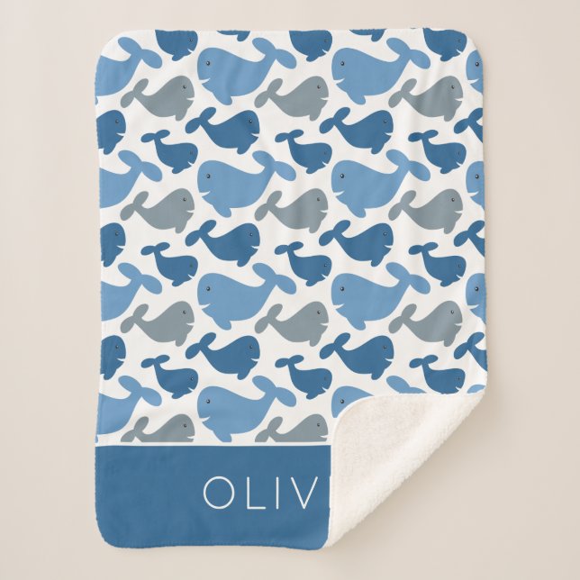 Manta Sherpa Lindo azul marino gris ballena personalizado niño (Anverso)