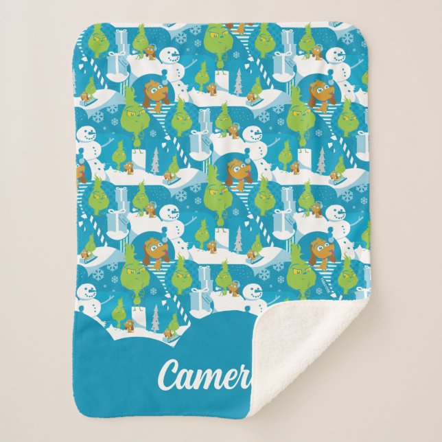 Manta Sherpa Little Grinch | Patrón Verde azulado de Feliz Grin (Anverso)