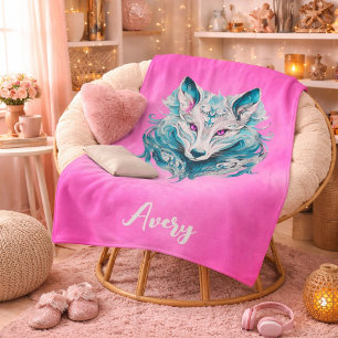 Manta Sherpa Lobo Místico Lobo Turquesa y Rosa Elegante