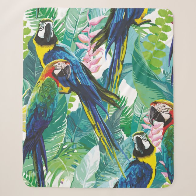 Manta Sherpa loros coloridos y flores exóticas (Anverso)