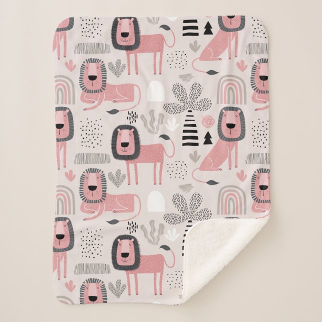 Manta Sherpa Los Leones Rosados del Boho Moderno arrecian la ma (Anverso)