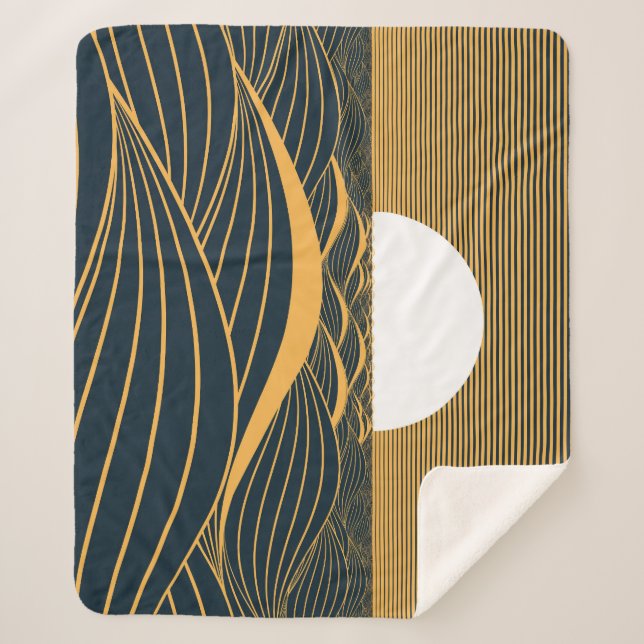 Manta Sherpa Luna de sol estilizada, ilustracion de mar oscuro. (Anverso)