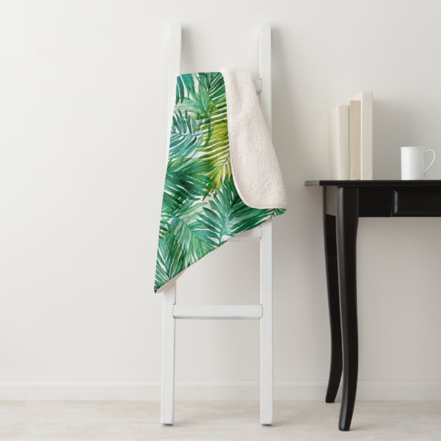 Manta Sherpa Lush Tropical Island Green Palm Leaf Watercolor  (In situ)