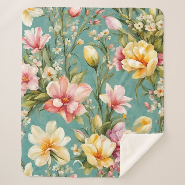 Manta Sherpa Magnolia rosa y amarilla exquisita con flores blan (Anverso)