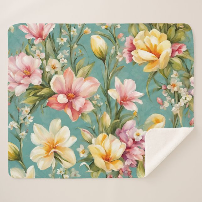 Manta Sherpa Magnolia rosa y amarilla exquisita con flores blan (Anverso (horizontal))