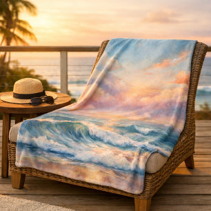 Manta Sherpa Majestic Ocean Sunset Waves Acuarela Costa