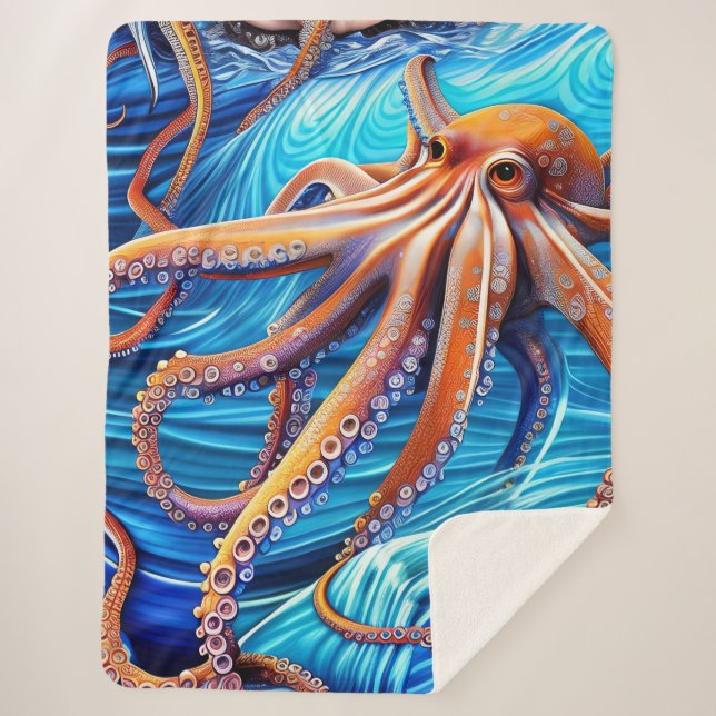 Manta Sherpa Majestuoso Octopus Blue Ocean Wave Expressionismo (Anverso)