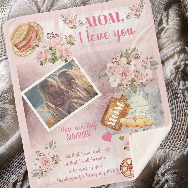 Manta Sherpa Mamá, te amo. Foto Floral rosa | Texto del guión (Soft and Beautiful "Mom, I Love You" Photo Pink Floral Script Text Sherpa Blanket)