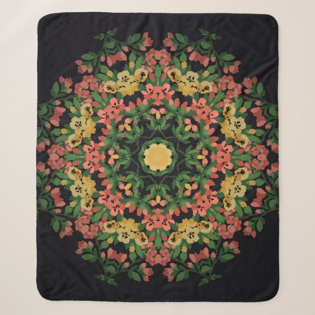 Manta Sherpa Mandala floral: rojo, amarilla. (Anverso)