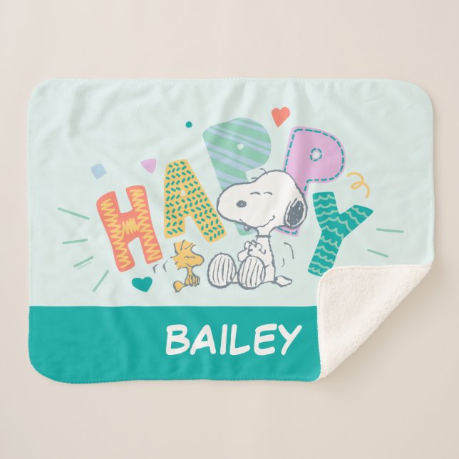 Manta Sherpa Maní | Snoopy & Woodstock Happy (Anverso (horizontal))