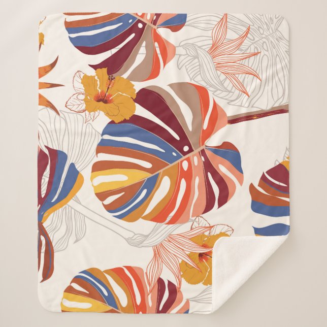 Manta Sherpa Mano floral tropical brillante dibujada (Anverso)