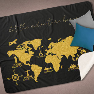 Manta Sherpa Mapa del mundo del Purpurina de oro sobre aventura
