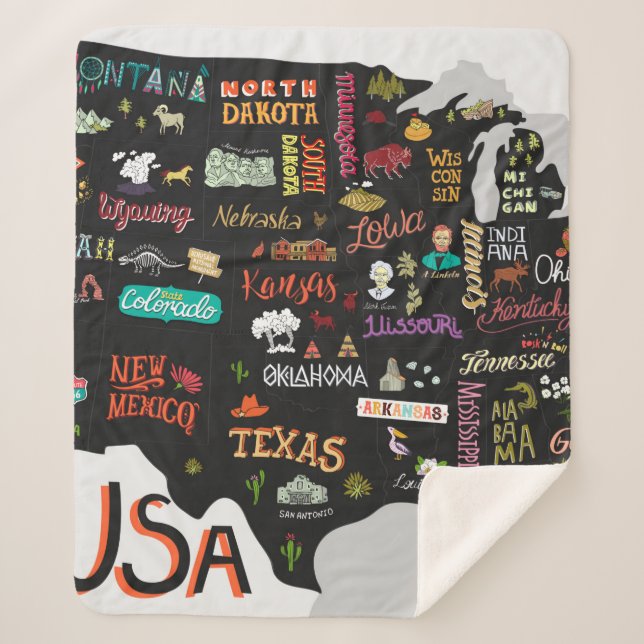 Manta Sherpa Mapa ilustrado de Estados Unidos. Poster con estad (Anverso)