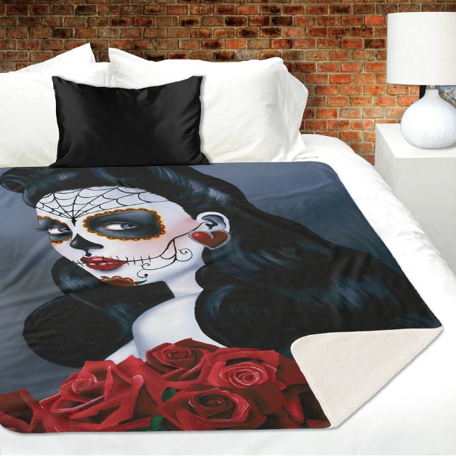 Manta Sherpa Maria Sugar Skull Red Roses (Subido por el creador)