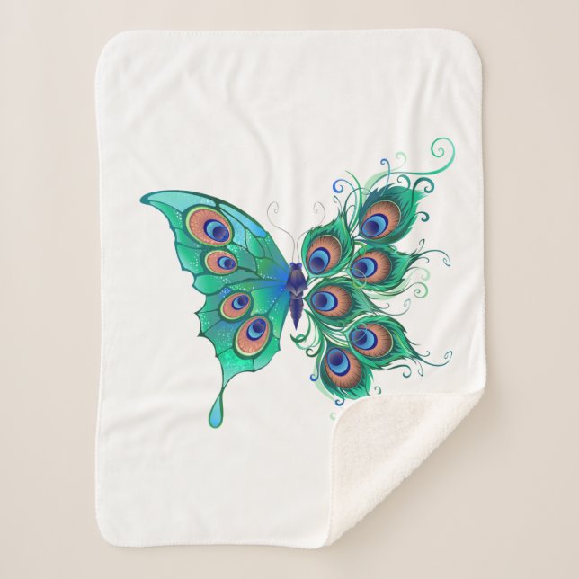 Manta Sherpa Mariposa con plumas de pavo real verde (Anverso)