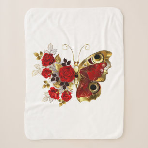 Manta Sherpa Mariposa de flor roja con rosas rojas