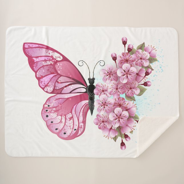 Manta Sherpa Mariposa de flores con Sakura rosa (Anverso (horizontal))