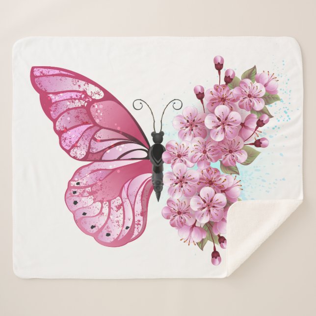 Manta Sherpa Mariposa de flores con Sakura rosa (Anverso (horizontal))