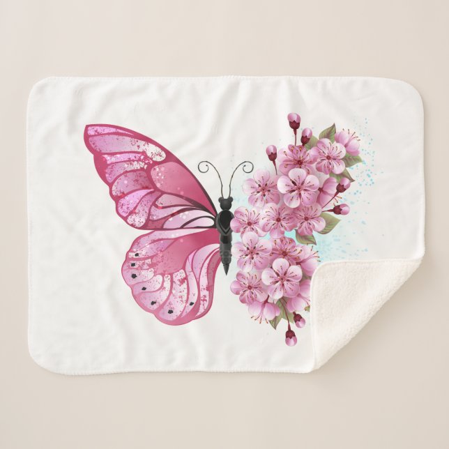 Manta Sherpa Mariposa de flores con Sakura rosa (Anverso (horizontal))