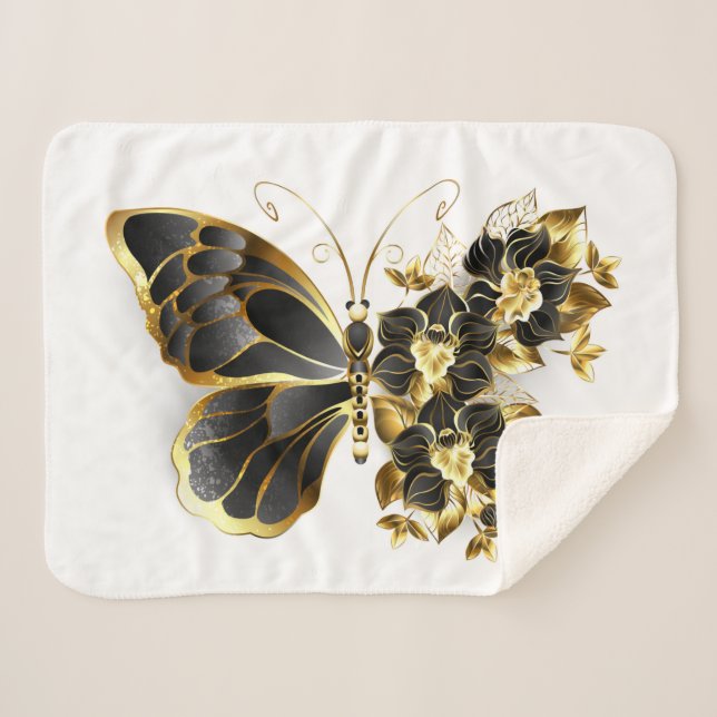 Manta Sherpa Mariposa de flores de oro con orquídea negra (Anverso (horizontal))