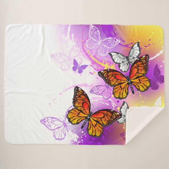 Manta Sherpa Mariposas monarcas en fondo morado (Anverso (horizontal))
