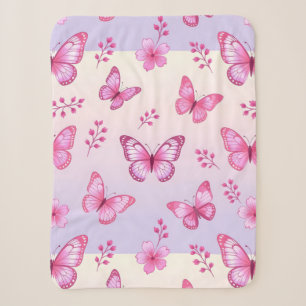 Manta Sherpa Mariposas rosadas y patrón de flores