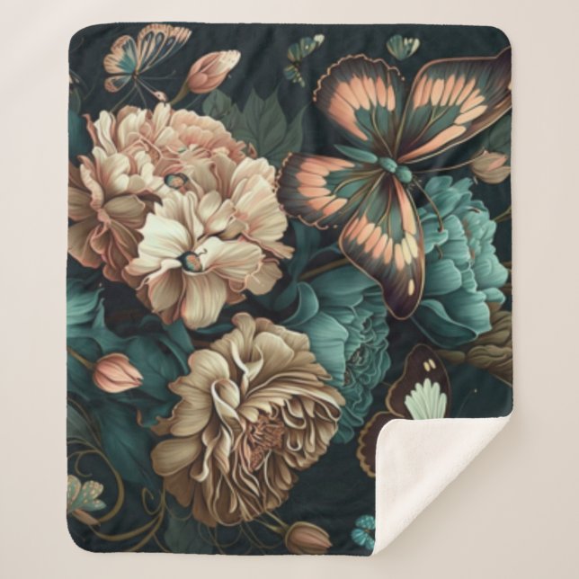 Manta Sherpa Mariposas y flores diseño clásico oscuro (Anverso)