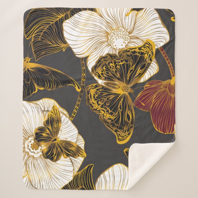 Manta Sherpa Mariposas y flores: Patrón de Boho de primavera (Anverso)