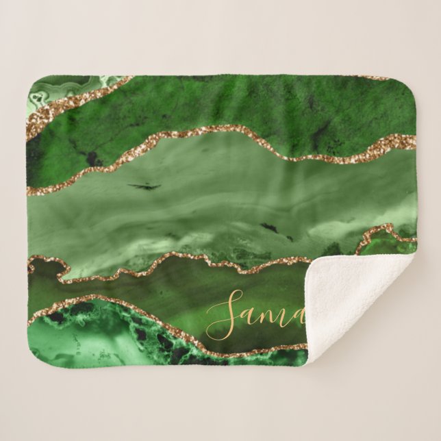 Manta Sherpa Mármol Ágata Brillo Verde y Dorado Falso (Anverso (horizontal))