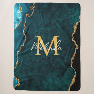 Manta Sherpa Mármol de Ágata Azul Teal y Dorado