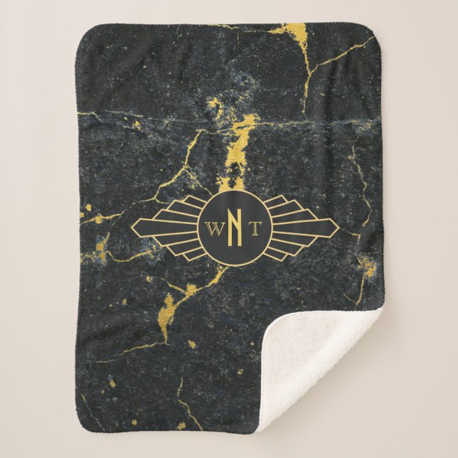 Manta Sherpa Mármol de oro negro tres letras Monograma Art Deco (Anverso)