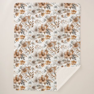 Manta Sherpa Marrón beige gris boho floral flores acuarela