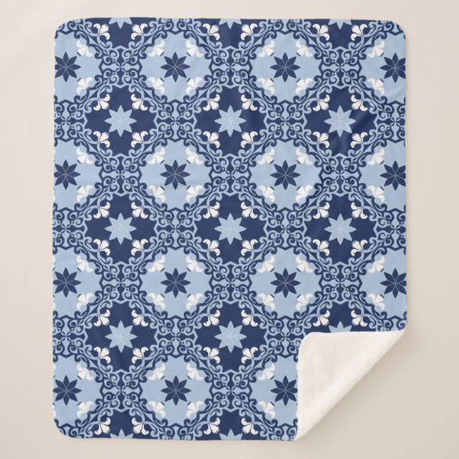 Manta Sherpa Marroquí de decoración geométrica azul (Anverso)