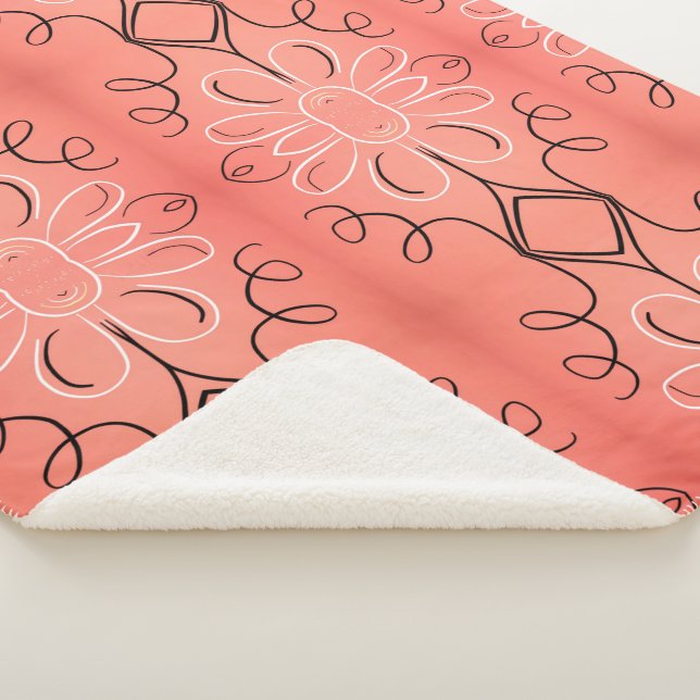 Manta Sherpa Masa blanca de flores con negro oscuro (3/4)