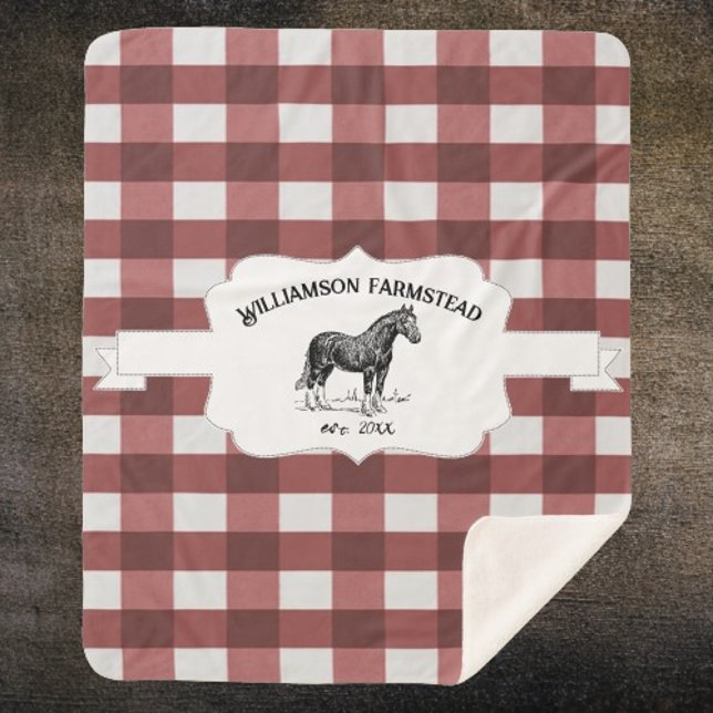 Manta Sherpa Masa de caballos Sherpa de la granja Red Buffalo P (Red Buffalo Plaid Farm Horse Personalized Sherpa Blanket)