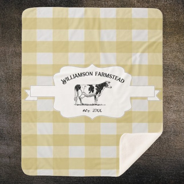Manta Sherpa Masa Sherpa de la granja de la vaca de la granja d (Yellow Buffalo Plaid Farm Cow Personalized Sherpa Blanket)