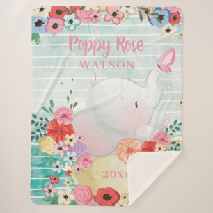Manta Sherpa Masa Sherpa Elephant con flores + nombre personali