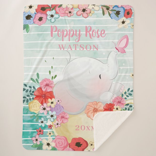 Manta Sherpa Masa Sherpa Elephant con flores + nombre personali (Anverso)